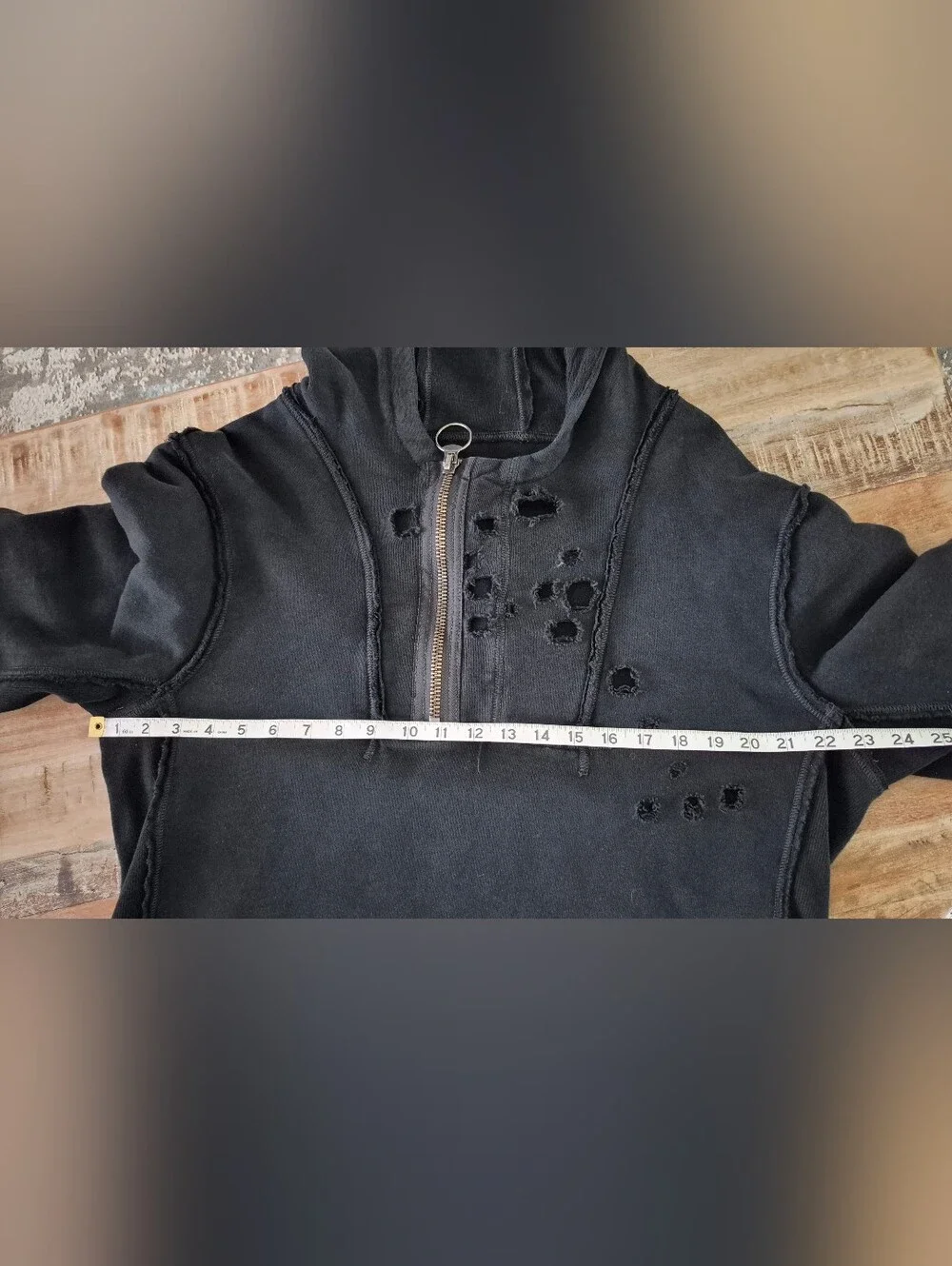 True Religion Distressed Half-Zip Hoodie Sweater Black Medium